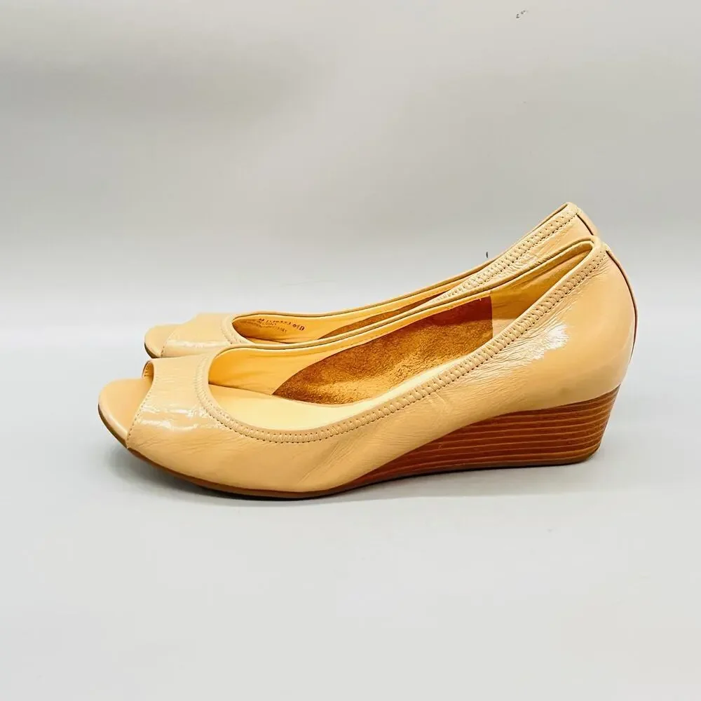 Cole Haan Shoes Womens 6.5 Beige Patent Leather Vtg Air Wedge Peep Toe Comfort